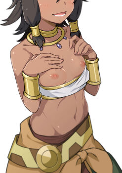 1girl black_hair blush bracelet breasts breasts_out dark-skinned_female dark_skin dungeon_ni_deai_wo_motomeru_no_wa_machigatteiru_darou_ka female_focus fingernails groin hands_up head_out_of_frame highres jewelry lips medium_hair midriff morisobo navel neck_ring nipples open_mouth simple_background small_breasts smile solo standing strapless teeth tiona_hyryute tube_top white_background white_tube_top