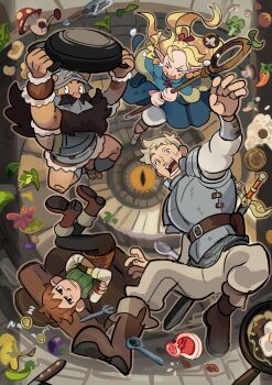 Rule 34 | 1girl, 3boys, absurdres, alos (alosrovolo), armor, beard, black pants, blonde hair, blue capelet, blue robe, boots, braid, broccoli, brown boots, brown eyes, brown hair, brown vest, capelet, chilchuck tims, closed eyes, crossed arms, dungeon meshi, dwarf, elf, facial hair, fake horns, falling, food, fork, frown, fur-trimmed armor, fur trim, furrowed brow, green scarf, hair ribbon, half updo, helmet, highres, holding, holding pan, holding staff, horned helmet, horns, laios touden, long hair, marcille donato, multiple boys, mustache, open mouth, orange eyes, pants, plate armor, pointy ears, red ribbon, ribbon, robe, scarf, senshi (dungeon meshi), short hair, slit pupils, spiral staircase, spoon, staff, stairs, steak, sweatdrop, tears, twin braids, vest, walking mushroom (dungeon meshi), wavy mouth, white pants, wide-eyed