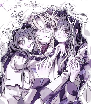 Rule 34 | 1boy, 2girls, absurdres, alvis uniform, black hair, blonde hair, brother and sister, brown eyes, dated, hair between eyes, highres, hug, long hair, looking at viewer, minashiro orihime, minashiro soushi, minashiro tsubaki, mother and child, mother and daughter, multiple girls, ohn (hiyu194), parent and child, ribbon, scar, scar across eye, scar on face, siblings, smile, soukyuu no fafner, uncle and niece