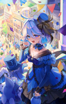 1girl absurdres alternate_costume blue_dress blue_eyes blue_hair blue_hat breasts bunting city cleavage collarbone confetti cowlick day detached_collar dress furina_(genshin_impact) genshin_impact gentilhomme_usher grey_hair hat heterochromia highres long_sleeves looking_at_viewer mademoiselle_crabaletta medium_breasts open_mouth outdoors pioko playing_with_own_hair short_hair solo string_of_flags surintendante_chevalmarin top_hat v-neck wavy_hair