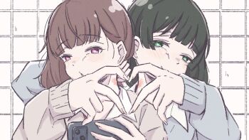 2girls black_hair blush brown_hair brown_sweater cellphone commentary_request green_eyes grey_sweater grid_background heart heart_hands heart_hands_duo highres holding holding_phone long_sleeves looking_at_viewer miyao385 multiple_girls original parted_lips phone pink_eyes school_uniform smartphone sweater upper_body white_background yuri