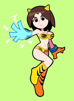 angry animal_print bikini black_outline boots breasts brown_hair cleavage commentary cosplay electricity english_commentary eyelashes gloves green_background highres looking_at_viewer lum lum_(cosplay) midriff mii_(nintendo) mii_gunner mii_gunner_(smash_4) mob_face navel nintendo oni outline scott_falco solid_circle_eyes super_smash_bros. swimsuit tiger_print urusei_yatsura yellow_bikini yellow_boots