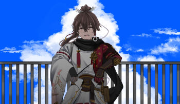 1boy blue_sky closed_eyes hair_between_eyes high_ponytail highres japanese_clothes komugiko_(komugiu08) long_hair looking_at_viewer male_focus open_mouth ponytail rune_factory rune_factory:_guardians_of_azuma shaded_face sky subaru_(rune_factory)