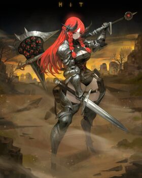 1girl absurdres arm_at_side armor armored_boots arowana2111 axe backpack bag battle_axe belt black_belt black_horns black_leotard boots braid braided_bangs breasts brown_belt cleavage cleavage_cutout closed_mouth clothing_cutout commentary couter demon_horns desert english_commentary gauntlets hand_up high_heel_boots high_heels highres holding holding_sword holding_weapon horns legs_apart leotard long_hair looking_at_viewer medium_breasts mesa original overcast pauldrons red_hair rerebrace shoulder_armor sky solo standing sword thigh_belt thigh_strap thighs vambraces weapon