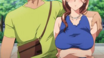 1boy 1girl 2023 20s age_difference animated animated_gif arm_over_shoulder bag bare_shoulders blonde_hair blue_dress blush breasts brown_eyes brown_hair cheating_(relationship) dress earrings eminem_&amp;_cross-eyed_shakira eyebrows_hidden_by_hair eyelashes face_piercing green_shirt gyaruo hetero housewife huge_breasts jewelry large_breasts lipstick long_hair makeup mature_female mole mole_under_mouth multicolored_hair necklace nose_piercing older_female_and_younger_male outdoors parted_lips piercing ponytail sagging_breasts shirt sleeveless sleeveless_dress standing tagme tree tsuma_ni_damatte_sokubai-kai_ni_iku_ja_nakatta two-tone_hair yamamoto_kazuya yumiko_kimura