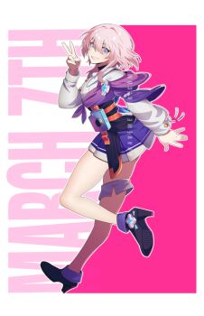 1girl :d blue_eyes character_name corset full_body graveweaver grin hair_between_eyes hair_over_shoulder high_heels honkai:_star_rail honkai_(series) jacket jacket_partially_removed jewelry long_sidelocks looking_at_viewer march_7th_(honkai:_star_rail) open_mouth outline pink_hair shirt sidelocks smile solo standing standing_on_one_leg thighlet two-tone_skirt v white_outline white_shirt