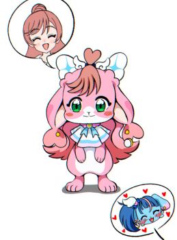 Rule 34 | @est@, animalization, blue hair, blush, closed eyes, commentary request, cut bangs, earrings, green eyes, hair ornament, heart, hirogaru sky! precure, jewelry, long hair, magical girl, multiple girls, nijigaoka mashiro, open mouth, pink fur, pink hair, precure, simple background, smile, sora harewataru, spoken character, standing, white background, wing hair ornament