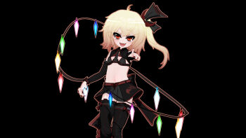 1girl 3d alternate_costume ascot bare_shoulders bat_hair_ornament belt bikini bikini_top_only black_background black_bikini black_boots black_legwear black_skirt blender_(medium) blonde_hair boots character_name commentary cowboy_shot crystal detached_sleeves female_focus flandre_scarlet frills gs-mantis hair_ornament hair_ribbon highres lace-up_boots looking_at_viewer miniskirt nail_polish navel pleated_skirt pointing pointing_at_viewer red_eyes red_nails ribbon side_ponytail simple_background skirt skirt_set smile solo stats stomach swimsuit touhou wings