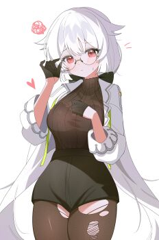 1girl absurdres black_gloves black_pantyhose black_shorts black_sweater bra_visible_through_clothes breasts coat commentary_request cowboy_shot fuyuka_(probation_period_cleared!)_(stella_sora) fuyuka_(stella_sora) glasses gloves hair_flaps half_gloves heart highres large_breasts open_clothes open_coat pantyhose red_eyes see-through_sweater short_shorts shorts shusuchii solo squiggle stella_sora sweater torn_clothes torn_pantyhose white_coat white_hair