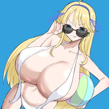Rule 34 | 1girl, :p, absurdres, ahoge, alternate breast size (larger), ball, beachball, bikini, blonde hair, blue background, blue ribbon, blush, breast curtains, breasts, cleavage, collarbone, commentary request, cowboy shot, curvy, gigantic breasts, green eyes, groin, hair ribbon, highres, holding, holding ball, katsuragi (senran kagura), lemonshioo, long hair, looking at viewer, looking over eyewear, navel, ribbon, senran kagura, senran kagura shoujo-tachi no shin'ei, shiny skin, simple background, slingshot swimsuit, smile, solo, sunglasses, swimsuit, tongue, tongue out, v-shaped eyebrows, white slingshot swimsuit