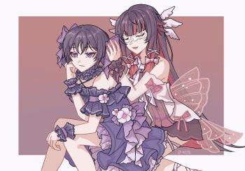 Rule 34 | 1boy, 1girl, alternate costume, bare shoulders, black hair, blunt ends, bow, chinese commentary, closed eyes, closed mouth, collar, columbina (genshin impact), commentary request, crossdressing, crossdressing (mtf), detached sleeves, dress, eye mask, eyeliner, feet out of frame, flower, frilled collar, frilled dress, frilled wrist cuffs, frills, genshin impact, hair bow, hair ribbon, hand on own cheek, hand on own face, hand up, head wings, highres, liuyun (liuyun73492), long hair, makeup, mask, multicolored hair, open mouth, pink bow, pink ribbon, purple dress, purple eyes, purple sleeves, purple wrist cuffs, red eyeliner, red hair, ribbon, scaramouche (genshin impact), short hair, short sleeves, sitting, sleeveless, sleeveless dress, smile, two-tone hair, very long hair, white dress, white flower, white ribbon, wings, wrist cuffs