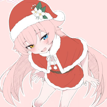 1girl absurdres belt blue_archive blue_eyes blush brown_belt capelet commentary dress fang fur-trimmed_capelet fur-trimmed_dress fur-trimmed_headwear fur_trim halo hat heterochromia highres hoshino_(blue_archive) leaning_forward long_hair looking_at_viewer mistel_(sukebemistel) open_mouth outline panties panty_pull pink_hair pink_halo pom_pom_hat_ornament red_capelet red_dress revision santa_costume santa_hat skin_fang solo twintails underwear very_long_hair white_outline white_panties yellow_eyes