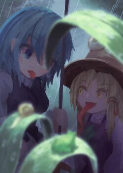 2girls blonde_hair blue_eyes blue_hair blurry brown_hat commentary depth_of_field eye_contact frog garakuraku hair_ribbon hat highres long_hair long_tongue looking_at_another moriya_suwako multiple_girls outdoors purple_vest rain red_eyes red_ribbon ribbon snail tatara_kogasa tongue tongue_out touhou tress_ribbon vest yellow_eyes
