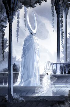 1boy 1other black_eyes cloak crown darkdog father_and_child hanging_plant highres hollow_eyes hollow_knight hollow_knight_(character) horned_mask horns insect_wings mask pale_king_(hollow_knight) pure_vessel white_cloak white_mask wings