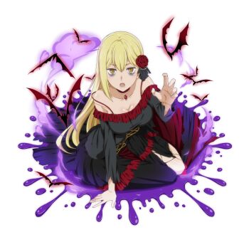 Rule 34 | 1girl, aiz wallenstein, anime coloring, arm support, bags under eyes, bare shoulders, black dress, blonde hair, breasts, claw pose, cleavage, danmachi memoria freese, dress, dungeon ni deai wo motomeru no wa machigatteiru darou ka, flower, full body, game cg, gem, hair flower, hair ornament, halloween costume, hand up, leaning forward, long hair, looking at viewer, medium breasts, off-shoulder dress, off shoulder, official alternate costume, official art, red flower, red gemstone, red rose, rose, sitting, solo, third-party source, torn clothes, torn dress, yellow eyes