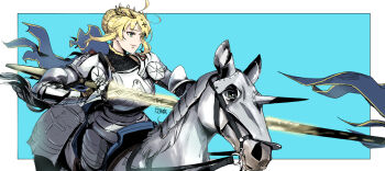 1girl ahoge armor armored_animal artist_name artoria_pendragon_(fate) artoria_pendragon_(lancer)_(fate) blonde_hair blue_background border commentary cross english_commentary fate/grand_order fate_(series) full_armor green_hair hair_bun highres holding holding_polearm holding_weapon horse horseback_riding lance pirata_(gailtonatiu) plate_armor polearm riding smile solo watermark weapon white_border