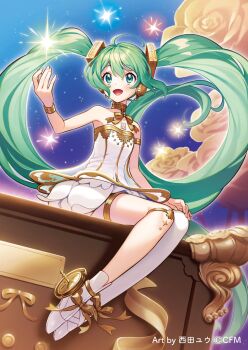 Rule 34 | 1girl, armlet, asymmetrical legwear, ballerina, ballet slippers, bare shoulders, bracelet, breasts, closed eyes, collarbone, commentary request, dress, full body, gold armlet, gold bracelet, gold choker, gramophone miku, green eyes, green hair, hair between eyes, hair ornament, hatsune miku, highres, jewelry, long hair, miku symphony (vocaloid), nishida yuu, official alternate costume, official alternate hairstyle, open mouth, see-through clothes, see-through dress, single thighhigh, sitting, small breasts, smile, strapless, strapless dress, thighhighs, twintails, very long hair, vocaloid, white dress, white thighhighs