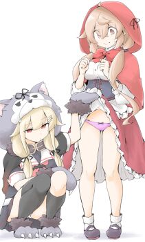 Rule 34 | 2girls, akara kai, animal hands, apron, black ribbon, black serafuku, black shirt, black shoes, black skirt, bow, bow panties, brown eyes, brown hair, capelet, clothes lift, commentary request, cosplay, female pervert, frilled apron, frilled skirt, frills, full body, gloves, hair flaps, halloween costume, heterochromia, highres, kantai collection, little red riding hood (fairy tale), little red riding hood (fairy tale character), little red riding hood (fairy tale character) (cosplay), low twintails, mary janes, multiple girls, murasame (halloween) (kancolle), murasame (kancolle), murasame kai ni (kancolle), neckerchief, panties, paw gloves, paw shoes, pervert, pink panties, pleated skirt, red capelet, red hood, red neckerchief, red skirt, ribbon, sailor collar, sailor shirt, school uniform, serafuku, shirt, shoes, siblings, simple background, sisters, skirt, skirt lift, socks, standing, twintails, underwear, white apron, white background, white sailor collar, white shirt, white socks, wolf hood, wolf paws, yuudachi (halloween) (kancolle), yuudachi (kancolle), yuudachi kai ni (kancolle)
