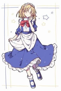 1girl apron blonde_hair blue_dress blue_shoes blush bow bowtie commentary_request dress frilled_dress frilled_sleeves frills full_body hand_up highres long_dress looking_at_viewer loose_socks maid_headdress mary_janes medium_hair mugetsu_(touhou) okura_0915 parted_bangs puffy_short_sleeves puffy_sleeves red_bow red_bowtie shoes short_sleeves skirt_hold socks solo standing standing_on_one_leg star_(symbol) touhou touhou_(pc-98) turtleneck waist_apron white_apron white_background white_socks yellow_eyes