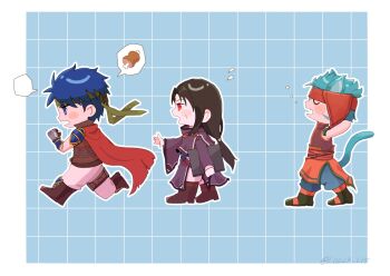 Rule 34 | 3boys, animal ears, black hair, blue eyes, blue hair, boned meat, cat boy, cat ears, commentary request, deformed, fire emblem, fire emblem: radiant dawn, food, green headband, headband, highres, ike (fire emblem), lollaimi (lolla l15), long hair, male focus, meat, multiple boys, nintendo, ranulf (fire emblem), red eyes, short hair, soren (fire emblem), speech bubble, spoken food, tail