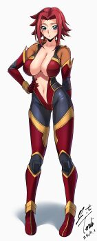 1girl absurdres arm_behind_back blue_eyes bodysuit breasts cleavage code_geass code_geass:_lost_stories commentary_request dated full_body gluteal_fold hair_intakes hand_on_own_hip highres kouzuki_kallen large_breasts looking_at_viewer mecha_pilot_suit multicolored_bodysuit navel open_bodysuit open_clothes parted_lips red_hair shadow short_hair sidelocks signature simple_background skin_tight solo standing teeth white_background yoo_tenchi