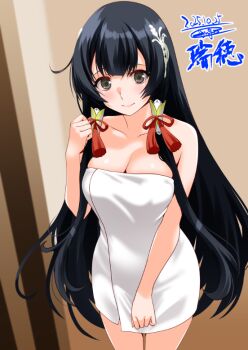 1girl apron bare_shoulders black_hair breasts character_name cleavage collarbone cowboy_shot dated engo_(aquawatery) grey_eyes hair_tubes kantai_collection long_hair medium_breasts mizuho_(kancolle) naked_apron sidelocks signature smile solo