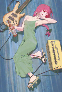 1girl @_@ amplifier armpits bass_guitar black_nails bocchi_the_rock! bottle braid braided_ponytail breasts cable cleavage collarbone commentary dress english_commentary feet full_body geta green_dress highres hiroi_kikuri holding holding_bottle instrument long_dress long_hair lying medium_breasts one_eye_closed open_mouth paid_reward_available pink_hair ponytail raneblu sake_bottle sandals sharp_teeth single_braid sleeveless sleeveless_dress solo teeth toes wire yamaha_thr yamaha_trb