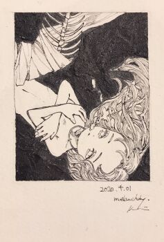 Rule 34 | 1girl, air bubble, bare arms, bare shoulders, bubble, closed mouth, commentary request, expressionless, fish skeleton, highres, karintoun, long hair, looking up, lying, mermaid, monster girl, nude, original, signature, simple background, skeleton, wavy hair