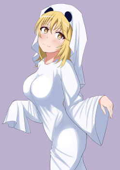 1girl blonde_hair breasts brown_eyes closed_mouth commentary_request ghost_costume halloween_costume highres large_breasts long_hair looking_at_viewer sheet_ghost shokuhou_misaki simple_background smile solo sparkling_eyes tabu_(tabu_01) toaru_kagaku_no_mental_out toaru_kagaku_no_railgun toaru_majutsu_no_index yellow_eyes