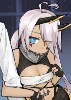 1boy 1girl ahoge arm_hug azur_lane bandeau bandeau_pull black_gloves blue_eyes breasts closed_mouth clothes_pull commander_(azur_lane) commentary_request dark-skinned_female dark_skin eyes_visible_through_hair facepaint gloves hair_between_eyes heart heart_ahoge heterochromia horns indianapolis_(azur_lane) kuronekochain long_hair mechanical_horns medium_breasts partially_fingerless_gloves pink_hair pulling_own_clothes smile turtleneck twintails underboob upper_body very_long_hair white_bandeau yellow_eyes