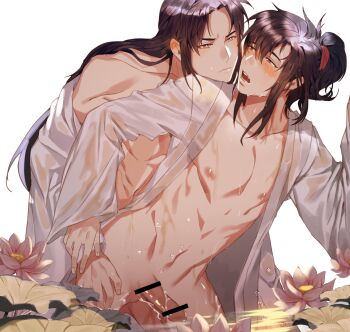 2boys abs alternate_costume anal bar_censor bare_pectorals bare_shoulders bathrobe bishounen black_hair blush brown_eyes censored chinese_clothes closed_mouth collarbone cum cum_in_ass cum_on_body cum_on_male ear_blush ejaculation erection flower hair_between_eyes hanfu highres jujeop lan_wangji long_hair long_sleeves looking_at_another lotus lotus_leaf male_focus modao_zushi multiple_boys navel nipples off_shoulder open_clothes open_mouth open_robe partially_submerged pectorals penis pink_flower ponytail robe see-through_clothes sex sex_from_behind sidelocks simple_background standing standing_sex sweat testicles toned toned_male wading water water_drop wei_wuxian wet wet_clothes wet_face wet_hair white_background white_robe yaoi yellow_eyes