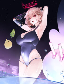 1girl armpits arms_up azur_lane baby_animal bird blue_one-piece_swimsuit breasts chick cleavage commentary covered_navel duca_degli_abruzzi_(azur_lane) duca_degli_abruzzi_(lustrous_onyx_sirenetta)_(azur_lane) from_below halo highres in_water large_breasts leaf manjuu_(azur_lane) mechanical_arms night noir_(4chan) official_alternate_costume one-piece_swimsuit open_mouth partially_submerged pink_hair pool prosthesis prosthetic_arm prosthetic_hand red_eyes ship_turret short_hair single_mechanical_arm sky solo star_(sky) starry_sky swimsuit water