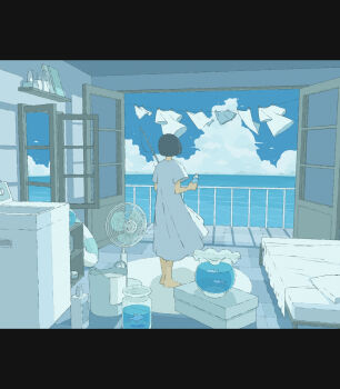 1girl barefoot bed black_hair blue_shorts blue_sky blue_theme bob_cut bottle bowl chinese_commentary clothesline cloud commentary day dress drying drying_clothes electric_fan fishbowl fishing_rod from_behind glass_bowl glass_jar grey_dress highres holding holding_bottle holding_fishing_rod horizon indoors laundry_basket limited_palette long_dress ma_(mamamauuuuu) ocean open_door open_window original pillow rug scenery shadow shelf shirt short_hair short_sleeves shorts sky slice_of_life solo standing swim_ring unworn_shirt unworn_shorts washing_machine water_bottle white_shirt wide_shot wind window