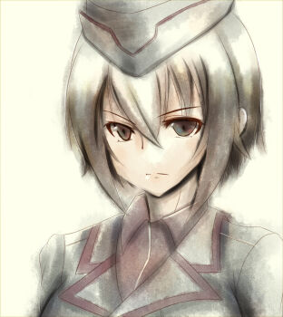 Rule 34 | 1girl, belmina, black hat, black jacket, brown eyes, brown hair, closed mouth, dress shirt, garrison cap, girls und panzer, hat, highres, jacket, kuromorimine military uniform, looking at viewer, military, military hat, military uniform, nishizumi maho, red shirt, red skirt, shirt, short hair, simple background, skirt, solo, upper body, white background