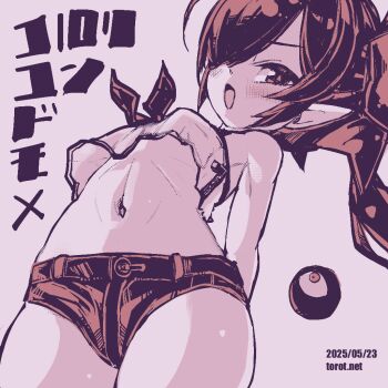 1girl armpit_crease backbeako_(torotei) backbeard blush breasts camisole commentary cowboy_shot crop_top dated dated_commentary gegege_no_kitarou hair_over_one_eye hair_ribbon kono_lolicon_domome loli long_hair looking_at_viewer micro_shorts monochrome navel neckerchief open_mouth original paid_reward_available pink_background pink_theme pointy_ears ribbon ribs shorts simple_background small_breasts solo stomach torotei translated twintails watermark web_address zipper