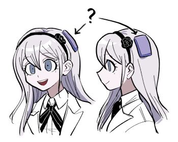 1girl :d ? black_hairband black_ribbon collared_shirt commentary_request cropped_shoulders from_side furukawa_(yomawari) grey_eyes hair_ornament hairband jacket kashimiya_karua long_hair multiple_views neck_ribbon open_mouth portrait ribbon shirt smile teeth the_hundred_line_-last_defense_academy- upper_teeth_only white_background white_jacket white_shirt