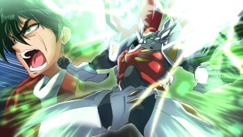 Rule 34 | 1990s (style), 1boy, armor, glowing, mecha, morikawa toshiyuki, power armor, power suit, retro artstyle, robot, science fiction, shimazu kaname, simple background, solo, standing, tekkaman blade, tekkaman blade (character), weapon