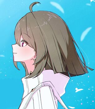 1girl ahoge blue_sky earrings eyeliner feathers from_side grey_hair highres honkai_(series) honkai_impact_3rd jewelry light_smile looking_up makeup no_feet no_hands official_alternate_costume parted_lips portrait sazisazi50 short_hair sidelocks sky vita_(honkai_impact) vita_(salt_snow)_(honkai_impact)