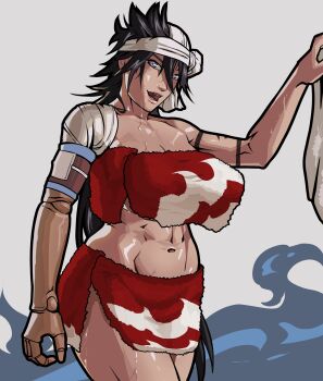 1girl 2022 bandaged_head bandages bare_shoulders black_hair bleach blue_eyes breasts collarbone equinox female_focus large_breasts long_hair navel open_mouth prosthesis prosthetic_arm shiba_kuukaku shiny_skin simple_background solo solo_focus standing stomach variant_set wet