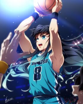 1boy 2others aqua_eyes aqua_hair aqua_shirt aqua_shorts armpits arms_up ball basketball_(object) basketball_uniform black_hair hana_ni_nare highres kimetsu_no_yaiba long_hair male_focus multicolored_hair multicolored_shirt multicolored_shorts multiple_boys multiple_others open_mouth shirt shorts sportswear tokitou_muichirou two-tone_hair