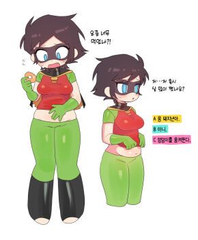 1girl absurdres batman_(series) batrobin_k belly black_mask blue_eyes breasts brown_hair cape clothes_lift commentary_request dc_comics domino_mask donut eye_mask fang flying_sweatdrops food genderswap genderswap_(mtf) gloves green_gloves highres korean_commentary korean_text mask medium_breasts navel plump robin_(batrobin_k) robin_(dc) shirt_lift short_hair simple_background spandex superhero_costume translation_request white_background