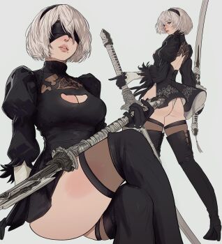 1girl 2b_(nier:automata) absurdres ass cleavage_cutout clothing_cutout crab feather-trimmed_sleeves full_body gloves hairband highres holding holding_sword holding_weapon huge_ass juliet_sleeves leotard leotard_peek long_sleeves mole mole_under_mouth multiple_views nier:automata nier_(series) puffy_sleeves short_hair simple_background skirt solo spread_legs standing sword thick_thighs thighhighs thighs toned turning_around upskirt weapon when_you_see_it white_background white_gloves white_hair white_leotard yoracrab