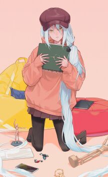 1girl absurdres dark_souls_(series) dark_souls_iii hat highres long_hair looking_at_viewer pantyhose scary silver_hair skirt solo tablet yellow_eyes