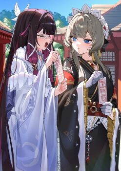 2girls alternate_costume black_hair black_kimono blue_eyes brown_hair closed_eyes closed_mouth columbina_(genshin_impact) facing_another genshin_impact gloves highres holding japanese_clothes kimono long_hair long_sleeves looking_at_another multicolored_hair multiple_girls nao_(naoooo_a) open_mouth outdoors pout purple_hair sandrone_(genshin_impact) smile standing two-tone_hair v-shaped_eyebrows white_gloves white_kimono wide_sleeves