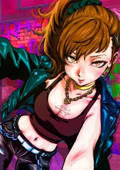 absurdres black_pants breasts brown_eyes brown_hair brown_tank_top cleavage closed_mouth coat emo_fashion fashion graffiti hair_between_eyes highres jewelry looking_at_viewer makeup navel oeilvert_fft pants persona persona_3 persona_3_portable punk runny_makeup shiomi_kotone side_ponytail simple_background stomach tank_top trench_coat