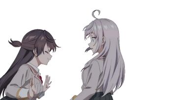 2girls ahoge alisa_mikhailovna_kujou animated anime_screenshot black_skirt black_vest blue_eyes bouncing_breasts breast_press breasts brown_eyes brown_hair close-up eye_contact grey_jacket jacket large_breasts long_hair long_sleeves looking_at_another multiple_girls pleated_skirt red_ribbon ribbon school_uniform seiren_academy_school_uniform shirt sidelocks simple_background skirt suou_yuki symmetrical_docking tagme tokidoki_bosotto_roshia-go_de_dereru_tonari_no_alya-san vest video white_background white_hair white_shirt yuri