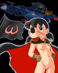 Rule 34 | 1girl, black cape, breasts, cape, cosplay, doraemon, harlock, harlock (cosplay), harlock saga, minamoto shizuka, navel, nipples, nude, panda rice, pussy, scar, scar on face, small breasts, smile, standing, twintails, uchuu kaizoku captain harlock
