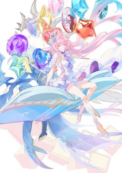 1boy 1girl balloon bare_shoulders blonde_hair book cyrene_(honkai:_star_rail) cyrene_(ripples_of_past_reverie)_(honkai:_star_rail) dress halo hashtag-only_commentary heart_balloon high_heels highres honkai:_star_rail honkai_(series) long_hair myty9395 open_book oversized_object phainon_(honkai:_star_rail) phainon_(khaslana)_(honkai:_star_rail) pink_hair purple_eyes solo_focus star_balloon very_long_hair white_dress