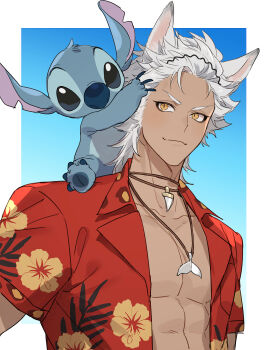 2boys abs absurdres bare_pectorals claws commentary_request crossover dark-skinned_male dark_skin hawaiian_shirt highres hyena_boy hyena_ears jack_howl jewelry lilo_&amp;_stitch male_focus multiple_boys necklace on_shoulder orange_eyes pectorals red_skirt shirt skirt smile stitch_(lilo_&amp;_stitch) tofu_(bean359) toned toned_male twisted_wonderland upper_body white_hair