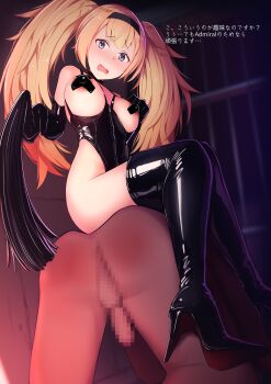 Rule 34 | 1boy, 1girl, absurdres, bdsm, blonde hair, blue eyes, blush, bondage outfit, boots, breastless clothes, censored, dominatrix, elbow gloves, femdom, flogger, gambier bay (kancolle), gloves, hairband, high heel boots, high heels, highres, holding, holding whip, human furniture, kantai collection, katsuten, long hair, mosaic censoring, pasties, penis, shiny clothes, sitting, sitting on person, tape, tape on nipples, thigh boots, twintails, whip